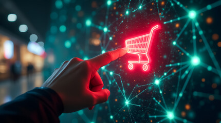 Poster - A person extends their finger to touch a vibrant shopping cart icon on a high-tech digital display within a contemporary shopping center, showcasing modern retail technology