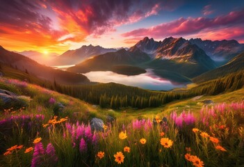 breathtaking vibrant mountain sunrise illuminating serene landscape colorful sky lush terrain, light, nature, beauty, clouds, view, horizon, reflection