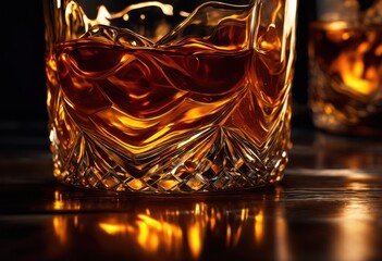 close view whiskey glass rich amber liquid highlighting textures visual appreciation, drink, alcohol, beverage, transparency, reflection, color, surface