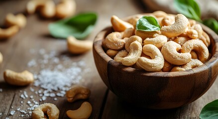 There is a bowl of cashew nuts on the table, some scattered around it and others in the background. Cashews have an attractive brown color and are very fresh and refreshing with a delicious saltiness 