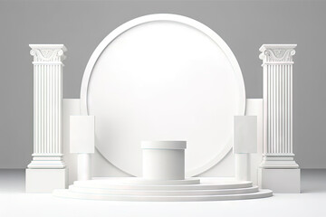 Poster - Pedestal in the room in white color with geometric shapes. Podium for product showcase with geometric decoration.