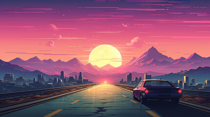 Canvas Print - Car ride on the morning road in 80s retro synthwave or 00s vaporwave style.