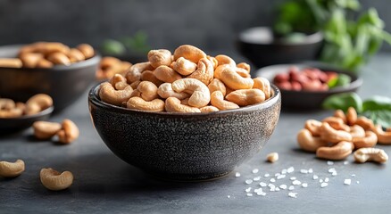 There is a bowl of cashew nuts on the table, some scattered around it and others in the background. Cashews have an attractive brown color and are very fresh and refreshing with a delicious saltiness 