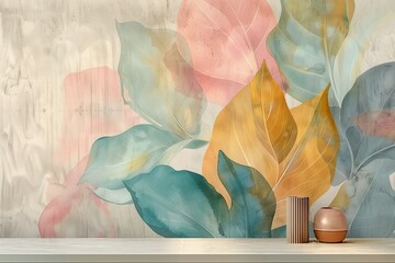 Poster - A shelf with a painting of leaves and a vase on it