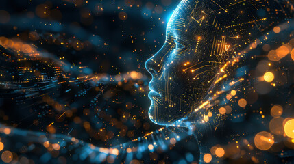 Poster - digital representation of a human face with glowing circuitry set against a dark background, showcas