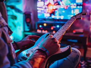 Wall Mural - man playing video game using guitar controller, wearing headphones, with books and plant nearby.