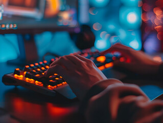 Wall Mural - gamer fully focused on game, keyboard in hand, immersed in virtual world on screen.