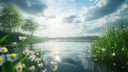 Tranquil Lake Scene with White Flowers and Green Foliage