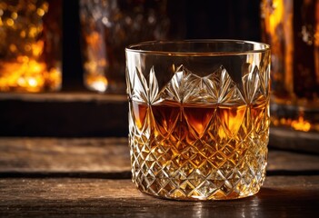 detailed close shot whiskey glass rustic wooden table capturing texture glow drink, beverage, alcohol, surface, ice, amber, swirl, light, reflection, cup