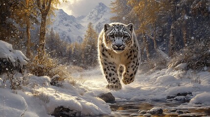 Wall Mural - snow leopard roaming through a majestic winter wonderland, surrounded by the snowy mountains and ser