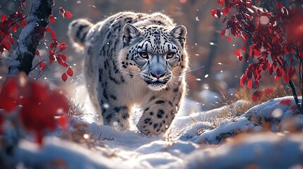 Wall Mural - snow leopard roaming through a majestic winter wonderland, surrounded by the snowy mountains and ser