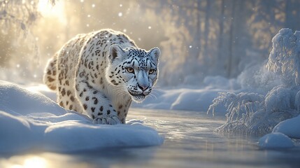Wall Mural - snow leopard roaming through a majestic winter wonderland, surrounded by the snowy mountains and ser