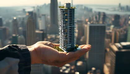 Creative mockup of high-rise property advertisement featuring a human hand