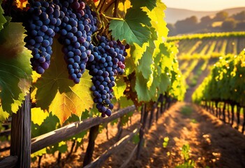 vibrant clusters grapes sunlit vineyard landscape showcasing lush foliage rich greenery inviting bounty, abundance, berry, blooming, bright, countryside