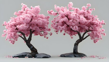 Wall Mural - 3D Sakura Mockup Set for Decorative Use Without Background