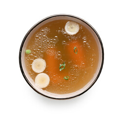 Sticker - Bowl of tasty vegetable broth on white background