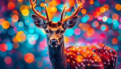 Abstract deer illuminated by vibrant bokeh lights creating a surreal and enchanting atmosphere