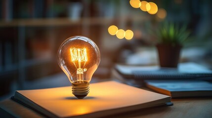 Poster - Glowing Light Bulb Hovering Above a Closed Book