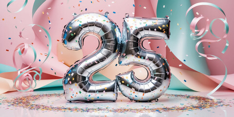 Shiny number 25 balloon, confetti, festive design background