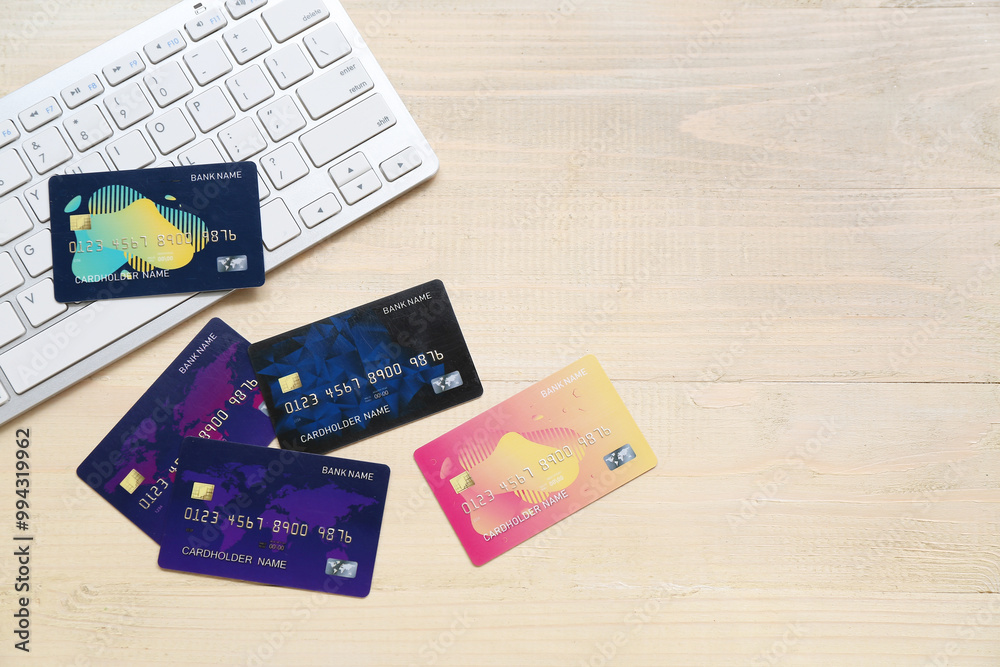 Keyboard with credit cards on beige wooden background