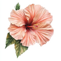 Transparent background. Beautiful hibiscus flower with bright petals and lush green leaves.