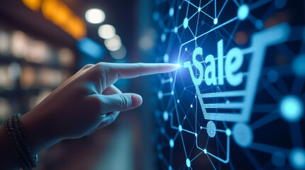 Poster - A hand reaches out to touch a glowing digital sale sign surrounded by a network of connected lines, indicating a modern shopping experience at night