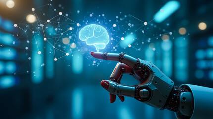 Poster - A metallic robotic hand reaches out, lightly touching a shimmering brain design. The backdrop features glowing digital connections, creating a high-tech atmosphere