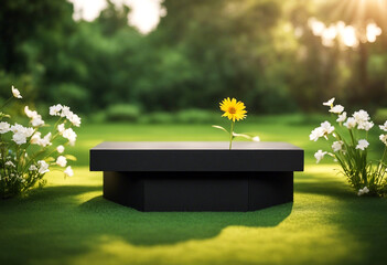 AI-generated black granite product display podium in a green area with grass, flowers, and sunlight