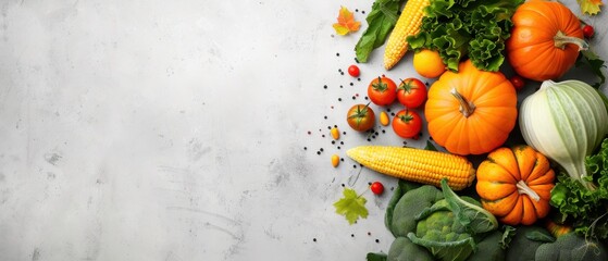 Wall Mural - A white background with a variety of vegetables including tomatoes, corn