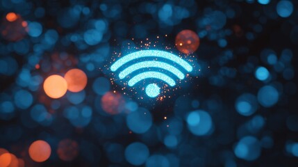 The blue Wi-Fi symbol glows in a blurred bokeh background, signifying wireless internet connectivity.