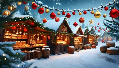 Festive Christmas market adorned with red and gold ornaments, wooden crates, and a picturesque snowy backdrop