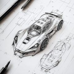 technical sketch CAD drawing futuristic supercar with detail and sketch work