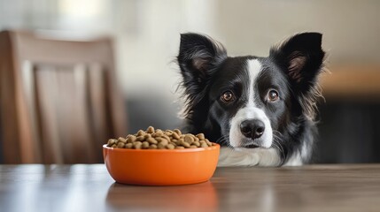 In front of a dog is a bowl of food on a table