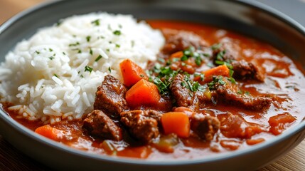 Beef goulash with a side of rice