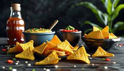 Wall Mural - Elegant 3D Nachos and Sauce Mockup for Decorative Use Created with Generative AI