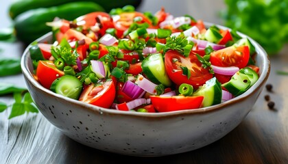 Wall Mural - vibrant bowl of fresh salad featuring tomatoes, cucumbers, peppers, and red onions