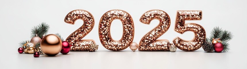 The new year Gold numbers 2025 with holiday decorations are on a white background.