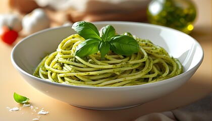 Wall Mural - Fresh Spaghetti with Pesto Sauce Presented in Warm Light on White Background