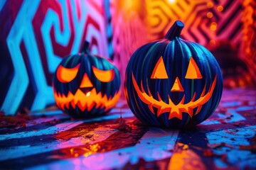 Vibrant Halloween neon art with abstract geometric designs of glowing jack-o'-lanterns.