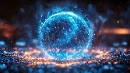 Poster - A vibrant sphere glowing with blue and orange energy, surrounded by dynamic sparks and embers