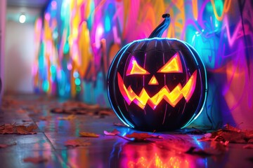 Vibrant Halloween neon art with abstract geometric designs of glowing jack-o'-lanterns.