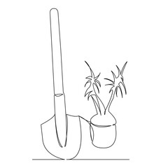 Wall Mural - One continuous single drawing line art doodle tree sapling and shovel, plant, shovel, sapling, tree, nature, sprout, ecology. Isolated flat illustration hand draw contour on a white background
