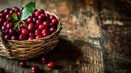 Cranberries in a basket on wooden table. Fresh raw red berries and green leaves closeup