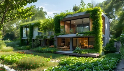 Wall Mural - Modern eco-friendly home embraced by vibrant garden and flourishing raised vegetable beds promoting sustainable living and self-sufficiency