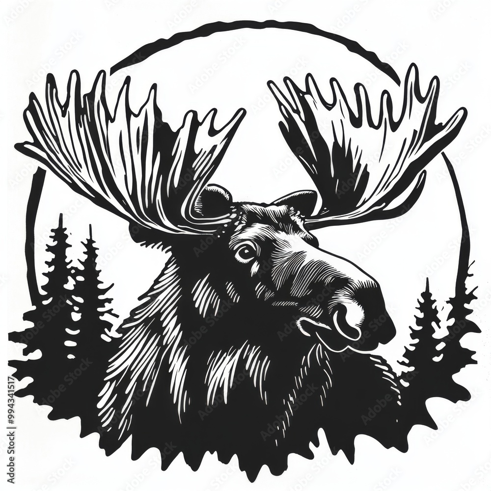 Black and white illustration of a moose with antlers in front of trees ...