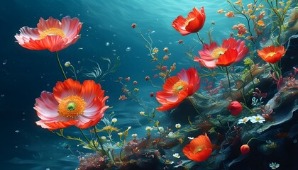 Surreal underwater landscape with vibrant floral blooms blending seamlessly into the deep seas enchanting beauty