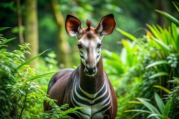 Poster - Okapi standing in lush green forest