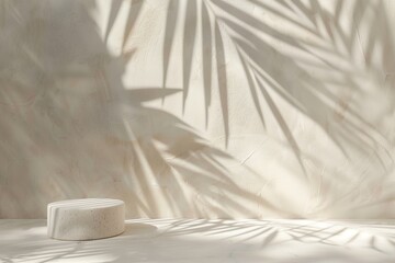 Wall Mural - A round pedestal with a palm leaf on it. The leaf casts a shadow on the wall