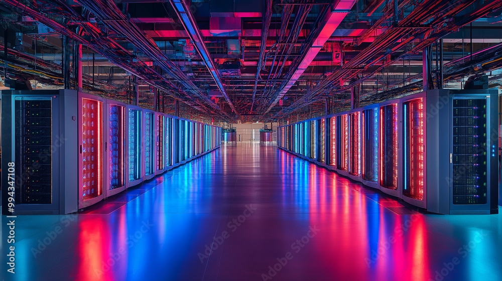 A modern data center with rows of server racks lined up on both sides ...
