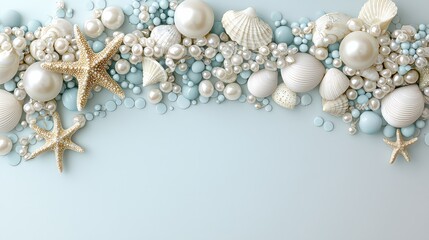 Aufkleber - A blue and white background with a row of shells and a star. The star is on the left side of the image and the shells are on the right. The image has a beachy and calming vibe